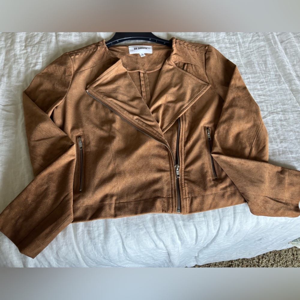 BB Dakota Brown/Tan Faux Suede Moto Style Jacket Sz S - Picture 4 of 6